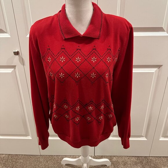 Medium Alfred Dunner long-sleeve polo style sweater red with black embroidery - Picture 1 of 3